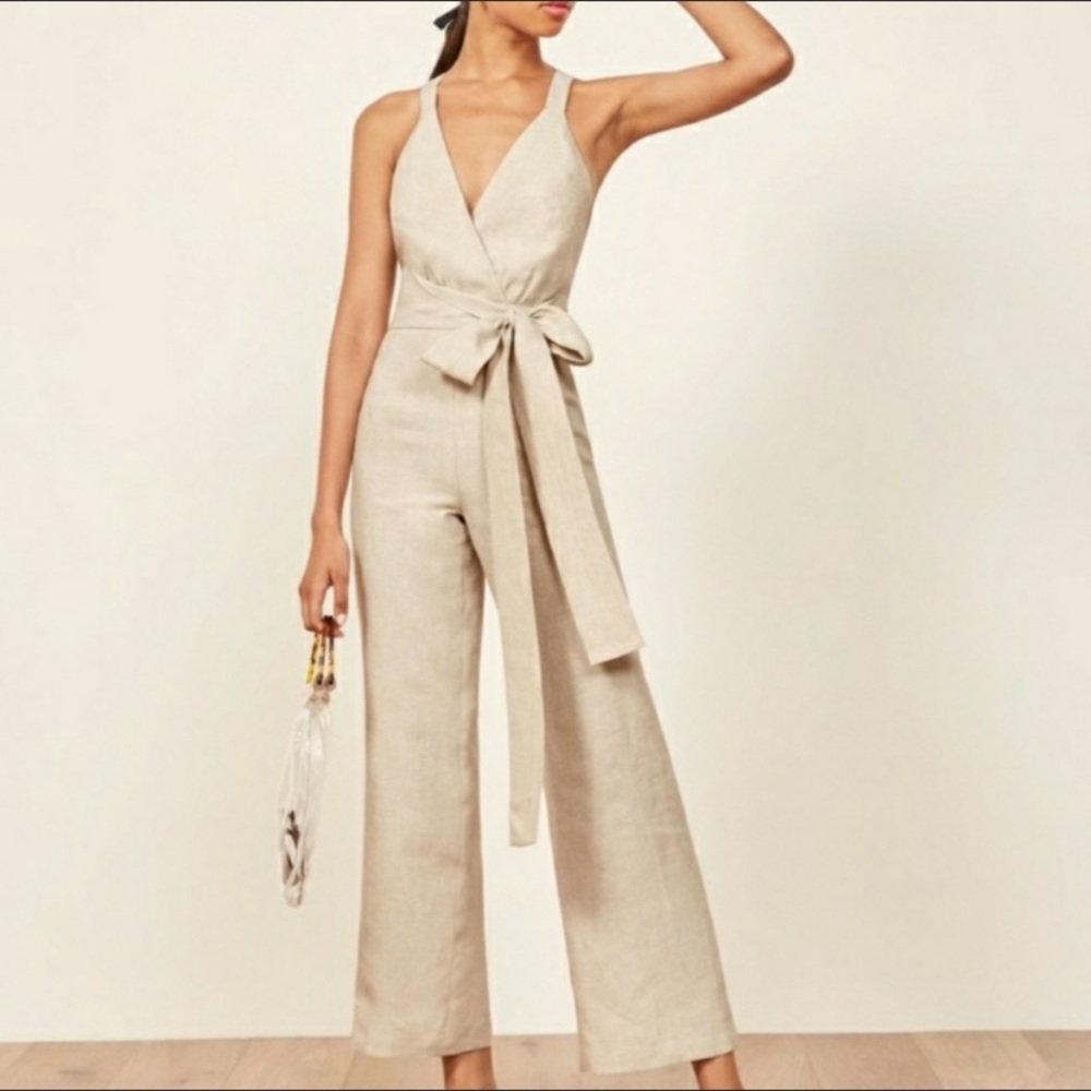 Reformation Beige Linen Wrap Jumpsuit with Self-Tie Waist